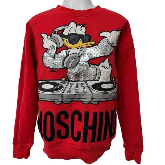 Moschino X H&M Limited Edition Disney Donald Duck Dj Sequin Red Sweatshirt XS - Picture 1 of 9
